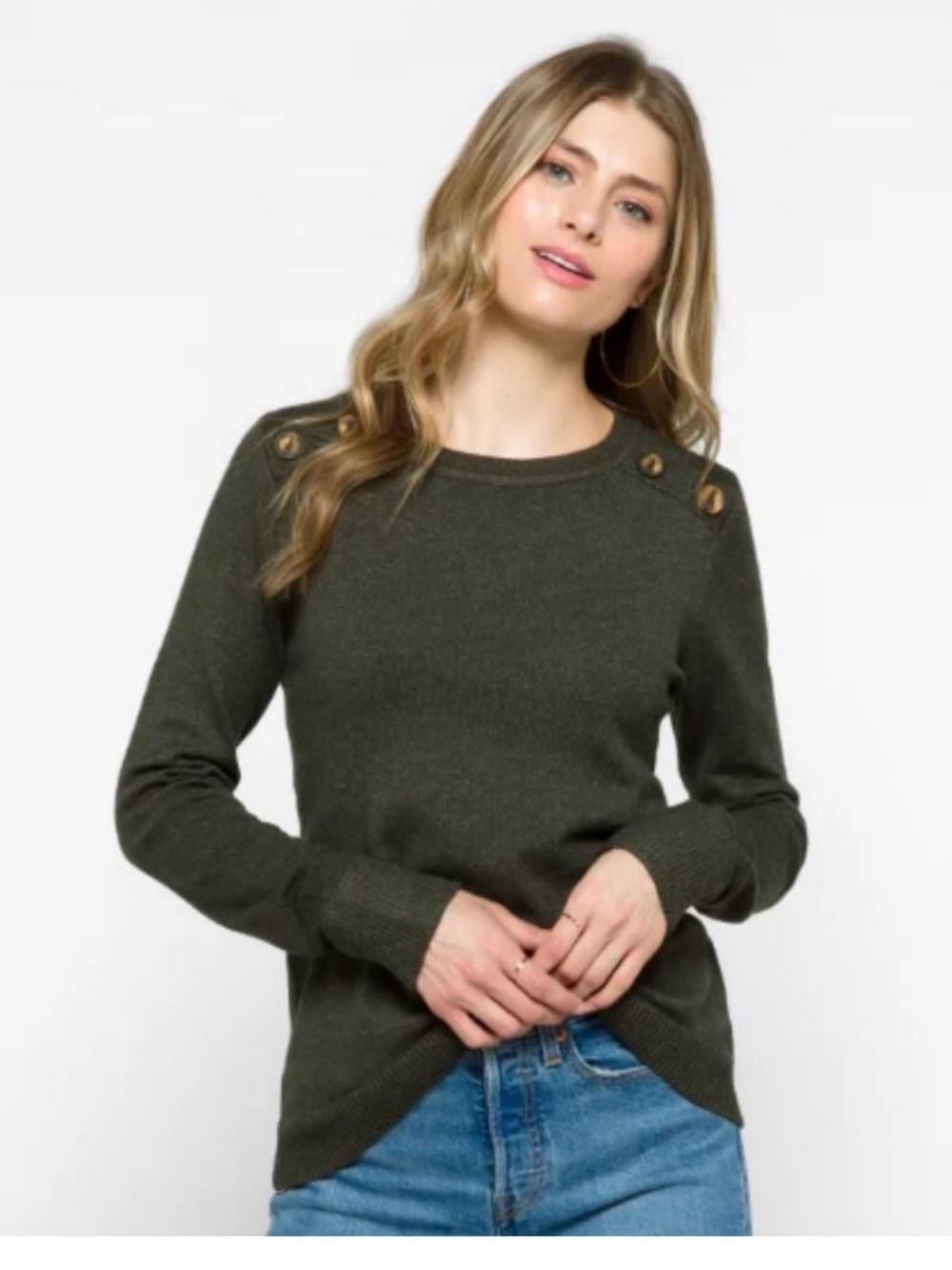 Pink Clover Dark Grey Crewneck Sweater with Shoulder Buttons